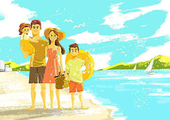 전신 PSD 구름 여자 남자 어린이 바다 요트 여러마리 일러스트 가족 안기 갈매기 하늘 호텔 서기 미소 사람 여러명 성인 해변 여름휴가 바캉스 모래사장 즐거움 튜브 비치백 챙모자 국내일러스트 자연요소 모자_잡화 감정 다수 배_교통 관계 모션 조류 숙소 휴가 표정 파일형식 여름_계절 가방_잡화