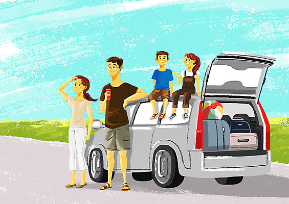 전신 PSD 응시 여자 남자 도로 어린이 여행 허리손 일러스트 가족 자동차 휴식 서기 미소 사람 앉기 초원 여러명 성인 여름휴가 바캉스 캐리어 짐 즐거움 시골길 자동차트렁크 국내일러스트 시선 감정 길 육상교통 포즈 다수 컨셉 관계 교통시설 모션 휴가 표정 여행가방 파일형식 여름_계절