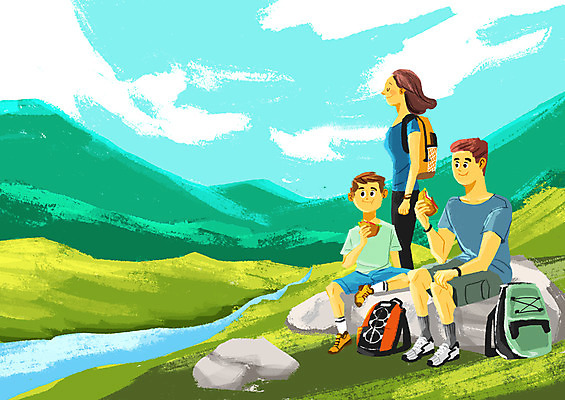 전신 PSD 구름 응시 여자 남자 어린이 일러스트 배낭 가족 하늘 휴식 산 샌드위치 서기 미소 사람 앉기 성인 세명 여름휴가 바캉스 강 계곡 하이킹 바위 숲 먹기 국내일러스트 자연요소 시선 음식 컨셉 가방 관계 모션 레저 휴가 표정 돌_바위 파일형식 여름_계절