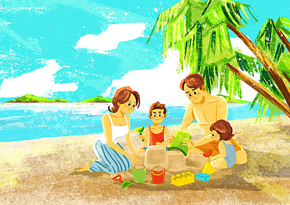 전신 PSD 구름 여자 남자 수영복 어린이 바다 일러스트 가족 하늘 사람 여러명 성인 해변 여름휴가 바캉스 모래사장 야자수 삽 양동이 즐거움 모래성 모래놀이 국내일러스트 자연요소 나무 옷 감정 모래 다수 관계 놀이 휴가 파일형식 여름_계절