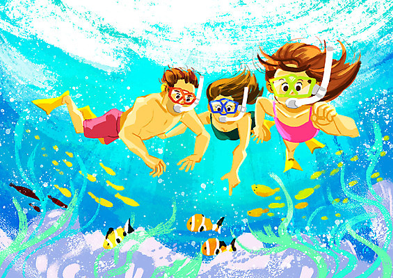 전신 PSD 여자 남자 어린이 여러마리 일러스트 가족 어류 사람 성인 세명 여름휴가 바캉스 바닷속 가리킴 스노클링 산호초 열대어 스노클링용품 국내일러스트 스포츠용품 다수 관계 휴가 손짓 수중 수중동물 수상스포츠 수중식물 파일형식 여름_계절