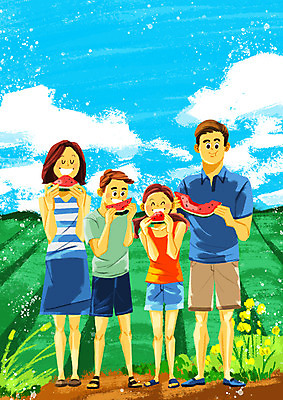 전신 PSD 구름 여자 남자 어린이 일러스트 가족 하늘 수박 논 서기 미소 사람 여러명 성인 여름휴가 바캉스 들꽃 시골 먹기 즐거움 시골길 국내일러스트 자연요소 꽃 감정 길 다수 농업 과일 관계 모션 휴가 표정 파일형식 여름_계절