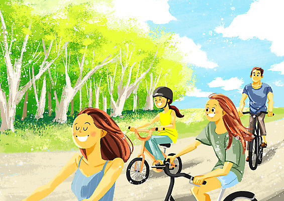 전신 PSD 나무 구름 여자 남자 어린이 일러스트 가족 청소년 하늘 미소 사람 여러명 상반신 성인 여름휴가 바캉스 자전거 안전모 즐거움 시골길 국내일러스트 자연요소 식물 감정 길 다수 관계 휴가 표정 바이크 헬멧 안전장비 파일형식 여름_계절