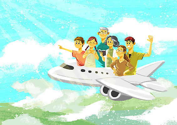 PSD 구름 여자 노년 남자 어린이 일러스트 가족 하늘 대가족 비행기 사람 초원 여러명 상반신 성인 여름휴가 바캉스 손들기 가리킴 삼대 손주 즐거움 조부모 탑승객 국내일러스트 자연요소 감정 다수 관계 항공교통 모션 휴가 대중교통 손짓 승차 파일형식 여름_계절