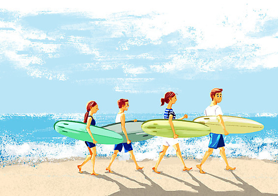전신 PSD 구름 여자 남자 어린이 파도 바다 일러스트 가족 하늘 그림자 들기 사람 여러명 성인 해변 여름휴가 바캉스 모래사장 걷기 서핑보드 국내일러스트 자연요소 다수 관계 모션 휴가 보드_스포츠 파일형식 여름_계절