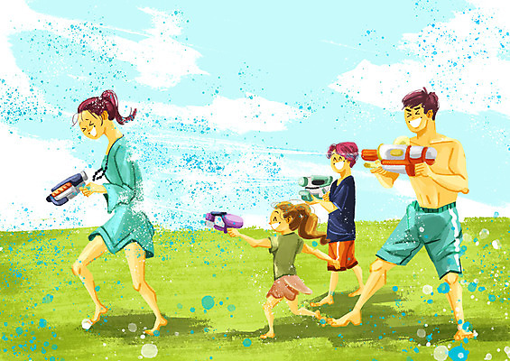 전신 PSD 구름 여자 남자 어린이 일러스트 가족 하늘 사람 초원 여러명 성인 여름휴가 바캉스 물방울 공격 발사 즐거움 물총 물총놀이 피하기 국내일러스트 자연요소 감정 다수 관계 모션 놀이 휴가 파일형식 여름_계절