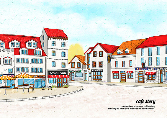 PSD 구름 벤치 일러스트 하늘 거리 풍경 사람없음 건물 자전거 카페 파라솔 감성 카페거리 국내일러스트 자연요소 건축물 컨셉 의자 상점 바이크 파일형식