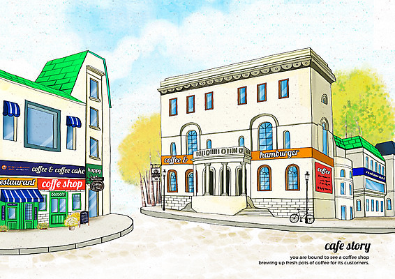 PSD 나무 구름 가로등 일러스트 하늘 거리 간판 풍경 사람없음 건물 카페 감성 카페거리 국내일러스트 자연요소 식물 건축물 공공시설 컨셉 상점 파일형식