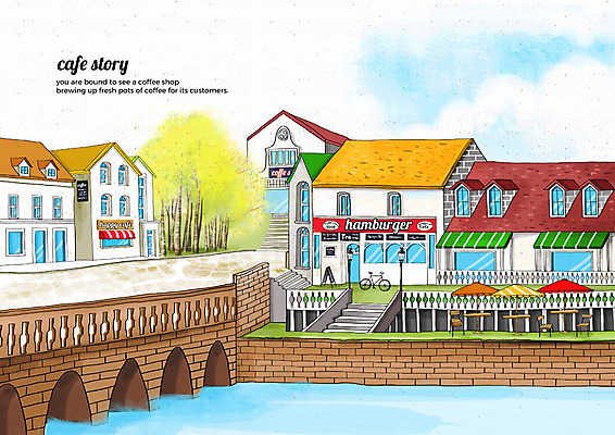 PSD 나무 구름 벤치 일러스트 하늘 거리 풍경 사람없음 건물 강 카페 파라솔 감성 가교 카페거리 국내일러스트 자연요소 식물 건축물 컨셉 의자 상점 파일형식