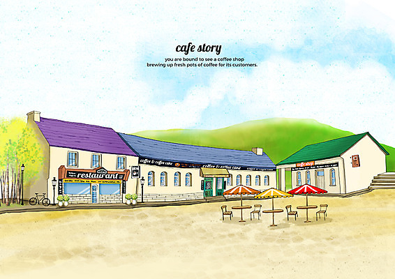 PSD 나무 구름 가로등 의자 일러스트 탁자 하늘 산 거리 풍경 사람없음 건물 자전거 카페 파라솔 감성 카페거리 국내일러스트 자연요소 식물 건축물 공공시설 가구 컨셉 상점 바이크 파일형식