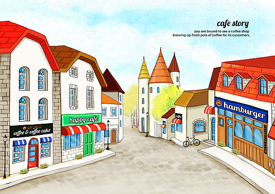 PSD 나무 구름 일러스트 하늘 거리 풍경 사람없음 건물 자전거 카페 감성 첨탑 카페거리 국내일러스트 자연요소 식물 건축물 컨셉 탑 상점 바이크 파일형식