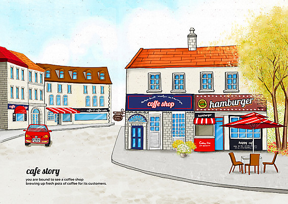 PSD 나무 구름 꽃 의자 일러스트 자동차 탁자 하늘 거리 간판 풍경 사람없음 건물 카페 파라솔 감성 카페거리 국내일러스트 자연요소 식물 건축물 육상교통 가구 컨셉 상점 파일형식