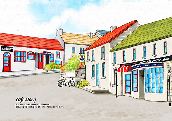 PSD 구름 꽃 가로등 일러스트 하늘 거리 풍경 사람없음 건물 자전거 카페 감성 카페거리 국내일러스트 자연요소 식물 건축물 공공시설 컨셉 상점 바이크 파일형식