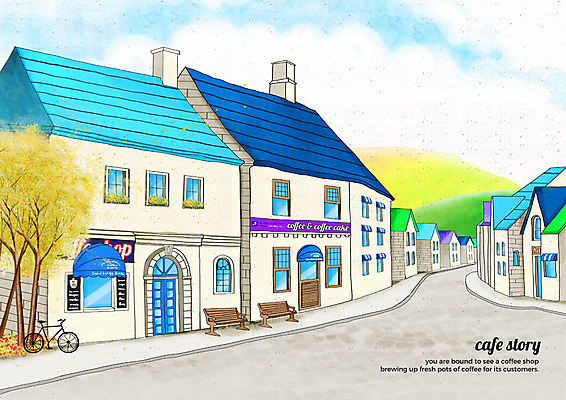 PSD 나무 구름 벤치 일러스트 하늘 거리 풍경 사람없음 건물 자전거 카페 감성 카페거리 국내일러스트 자연요소 식물 건축물 컨셉 의자 상점 바이크 파일형식