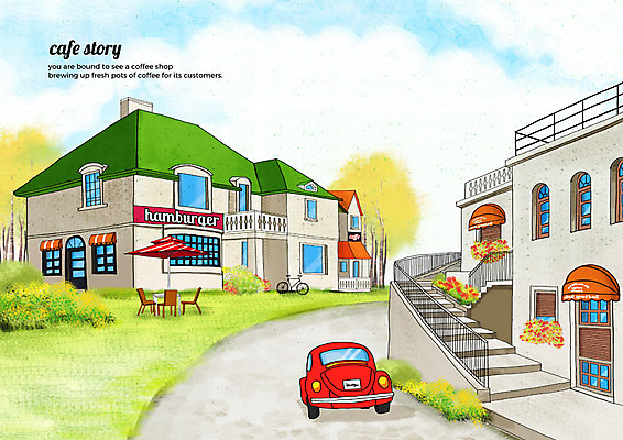 PSD 구름 의자 일러스트 자동차 탁자 하늘 거리 풍경 잔디 사람없음 건물 계단 자전거 카페 파라솔 감성 야외테라스 카페거리 국내일러스트 자연요소 식물 건축물 육상교통 가구 컨셉 상점 바이크 발코니 파일형식