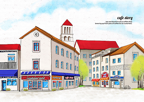 PSD 나무 구름 일러스트 하늘 거리 간판 풍경 사람없음 건물 자전거 카페 감성 카페거리 국내일러스트 자연요소 식물 건축물 컨셉 상점 바이크 파일형식