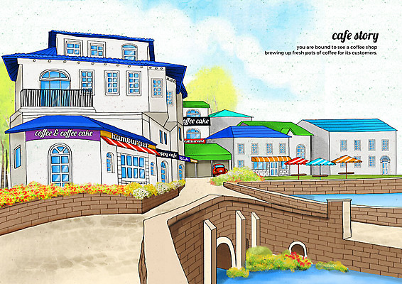 PSD 구름 일러스트 자동차 하늘 거리 풍경 사람없음 건물 강 카페 수로 감성 카페테라스 가교 카페거리 국내일러스트 자연요소 건축물 육상교통 컨셉 상점 파일형식