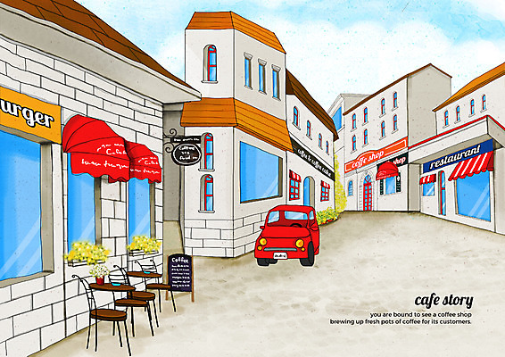 PSD 구름 일러스트 자동차 하늘 거리 간판 풍경 사람없음 건물 카페 감성 카페테라스 카페거리 국내일러스트 자연요소 건축물 육상교통 컨셉 상점 파일형식