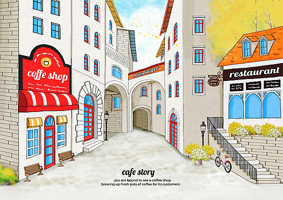 PSD 나무 식물 구름 가로등 일러스트 하늘 거리 간판 풍경 사람없음 건물 계단 자전거 카페 감성 카페거리 국내일러스트 자연요소 건축물 공공시설 컨셉 상점 바이크 파일형식