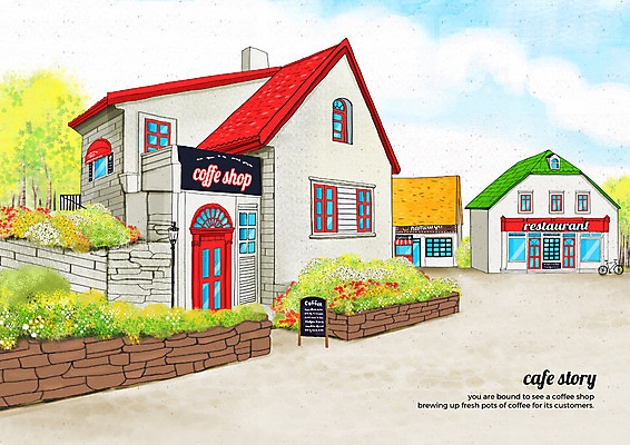 PSD 식물 구름 꽃 일러스트 하늘 거리 간판 풍경 사람없음 건물 자전거 카페 감성 카페거리 국내일러스트 자연요소 건축물 컨셉 상점 바이크 파일형식