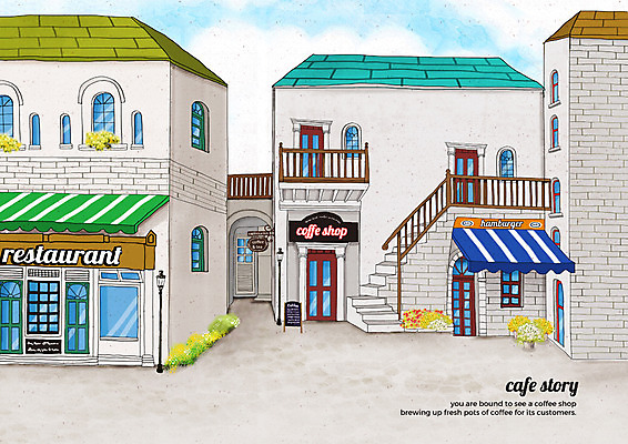 PSD 식물 구름 가로등 일러스트 하늘 거리 간판 풍경 사람없음 건물 계단 카페 감성 카페거리 국내일러스트 자연요소 건축물 공공시설 컨셉 상점 파일형식