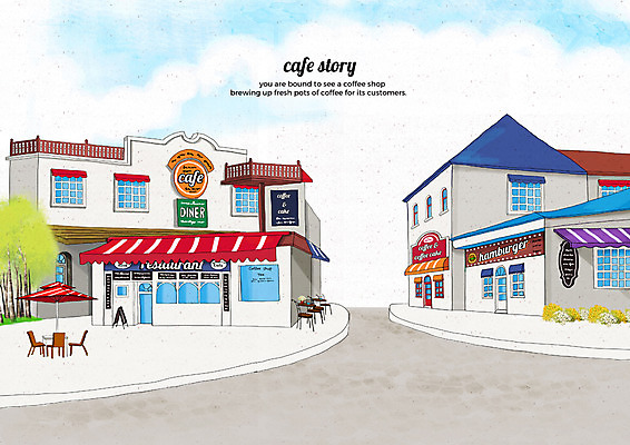 PSD 나무 구름 일러스트 하늘 거리 간판 풍경 사람없음 건물 카페 감성 카페테라스 카페거리 국내일러스트 자연요소 식물 건축물 컨셉 상점 파일형식