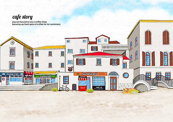 PSD 구름 가로등 일러스트 하늘 거리 간판 풍경 사람없음 건물 계단 자전거 카페 감성 가교 카페거리 국내일러스트 자연요소 건축물 공공시설 컨셉 상점 바이크 파일형식