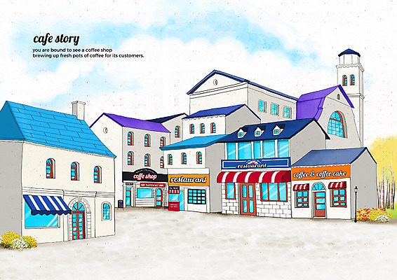 PSD 나무 구름 가로등 일러스트 하늘 거리 간판 풍경 사람없음 건물 카페 감성 카페거리 국내일러스트 자연요소 식물 건축물 공공시설 컨셉 상점 파일형식