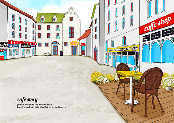 PSD 식물 구름 의자 일러스트 탁자 하늘 거리 간판 풍경 사람없음 건물 자전거 카페 물컵 감성 카페거리 국내일러스트 자연요소 건축물 가구 컨셉 컵 상점 바이크 파일형식