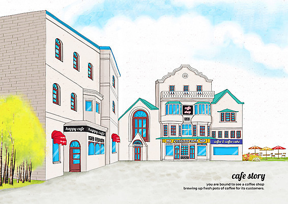 PSD 나무 구름 의자 일러스트 탁자 하늘 거리 간판 풍경 사람없음 건물 카페 감성 카페거리 국내일러스트 자연요소 식물 건축물 가구 컨셉 상점 파일형식