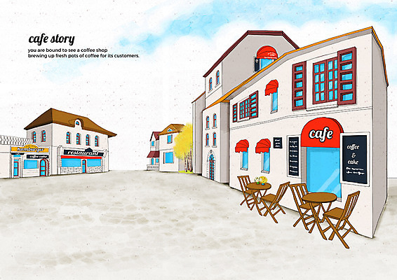 PSD 나무 구름 의자 일러스트 탁자 하늘 거리 간판 풍경 사람없음 건물 카페 감성 카페거리 국내일러스트 자연요소 식물 건축물 가구 컨셉 상점 파일형식