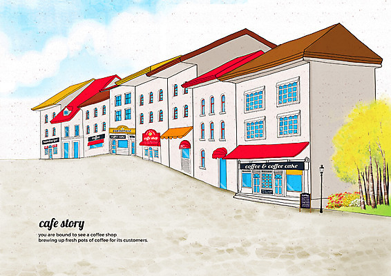 PSD 나무 식물 구름 꽃 가로등 일러스트 하늘 거리 간판 풍경 사람없음 건물 카페 감성 카페거리 국내일러스트 자연요소 건축물 공공시설 컨셉 상점 파일형식