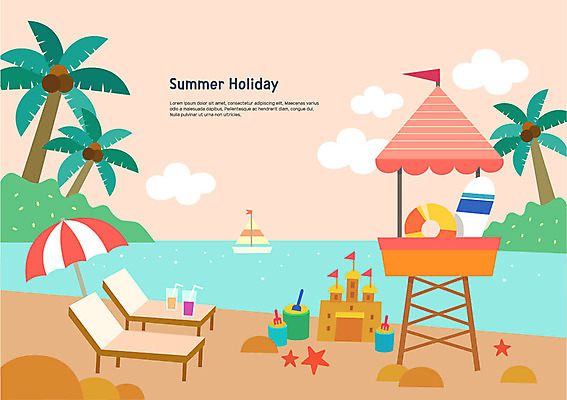 구름 음료 바다 요트 일러스트 불가사리 해변 사람없음 여름 여름휴가 바캉스 야자수 파라솔 서핑보드 양동이 선베드 모래성 튜브 모래놀이 국내일러스트 AI파일 자연요소 나무 계절 모래 배_교통 의자 놀이 휴가 극피동물 보드_스포츠 파일형식 벡터 여름_계절