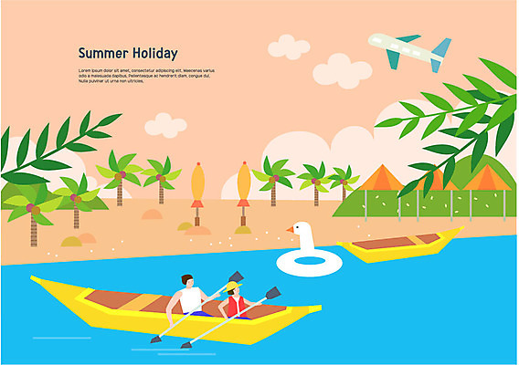 구름 여자 남자 바다 일러스트 비행기 사람 상반신 성인 해변 두명 여름 여름휴가 바캉스 야자수 파라솔 카누 노젓기 열대잎 오리튜브 패들 국내일러스트 AI파일 자연요소 나무 계절 잎 항공교통 모션 휴가 대중교통 수상스포츠 노_배의노 튜브 파일형식 벡터 여름_계절