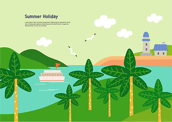 구름 바다 두마리 일러스트 갈매기 산 주택 등대 초원 해변 사람없음 여름 여름휴가 바캉스 야자수 유람선 언덕 국내일러스트 AI파일 자연요소 나무 계절 2 배_교통 조류 휴가 건물 파일형식 벡터 여름_계절