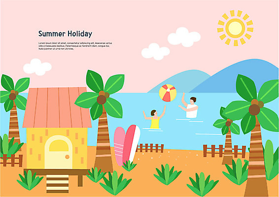 구름 여자 남자 바다 일러스트 물놀이 산 사람 상반신 성인 해변 두명 여름 여름휴가 바캉스 울타리 야자수 태양 비치볼 방갈로 국내일러스트 AI파일 자연요소 나무 계절 공 놀이 숙소 휴가 바캉스용품 담장 파일형식 벡터 여름_계절