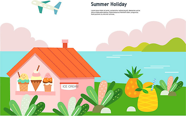 바다 일러스트 산 비행기 초원 사람없음 여름 여름휴가 바캉스 들풀 파인애플 콘아이스크림 아이스크림가게 자갈길 파인애플주스 국내일러스트 AI파일 계절 길 과일 항공교통 휴가 아이스크림 대중교통 과일주스 열대과일 아이스크림장사 파일형식 벡터 여름_계절