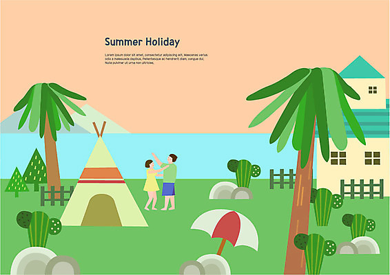 전신 커플 여자 남자 바다 일러스트 산 선인장 텐트 사람 성인 두명 여름 여름휴가 바캉스 울타리 야자수 마주보기 잡기 파라솔 펜션 국내일러스트 AI파일 나무 식물 계절 관계 모션 숙소 휴가 캠핑도구 담장 파일형식 벡터 여름_계절