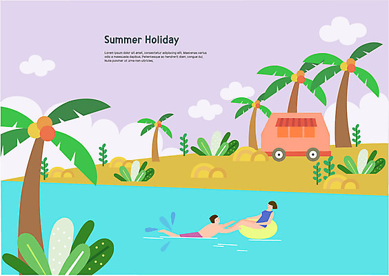 전신 커플 여자 남자 바다 일러스트 물놀이 사람 성인 해변 두명 여름 여름휴가 바캉스 모래사장 야자수 수영 튜브 캠핑카 국내일러스트 AI파일 나무 계절 관계 자동차 놀이 휴가 수상스포츠 파일형식 벡터 여름_계절