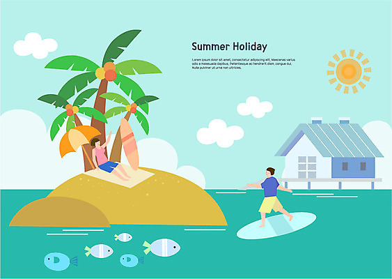 전신 커플 여자 남자 바다 섬 여러마리 일러스트 어류 사람 앉기 성인 두명 여름 여름휴가 바캉스 야자수 태양 파라솔 서핑보드 방갈로 국내일러스트 AI파일 자연요소 나무 계절 다수 관계 모션 숙소 휴가 수중동물 보드_스포츠 파일형식 벡터 여름_계절