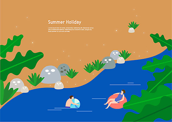 전신 커플 여자 남자 일러스트 물놀이 사람 상반신 성인 두명 여름 여름휴가 바캉스 계곡 조약돌 바위 풀잎 비치볼 튜브 국내일러스트 AI파일 계절 잎 공 관계 놀이 휴가 바캉스용품 돌_바위 풀_식물 파일형식 벡터 여름_계절