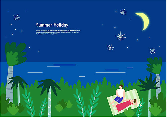 전신 커플 여자 남자 별 바다 일러스트 밤하늘 사람 앉기 성인 두명 여름 여름휴가 바캉스 야자수 눕기 손잡기 달 돗자리 여름밤 국내일러스트 AI파일 자연요소 나무 계절 관계 모션 하늘 휴가 야간 파일형식 벡터 여름_계절