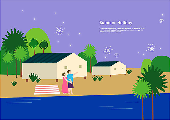 전신 여자 남자 별 바다 일러스트 밤하늘 사람 성인 두명 여름 여름휴가 바캉스 야자수 손잡기 가리킴 방갈로 비치타올 국내일러스트 AI파일 자연요소 나무 계절 모션 하늘 숙소 휴가 손짓 수건 야간 파일형식 벡터 여름_계절