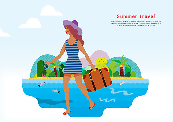 전신 PSD 나무 여자 파도 바다 여행 일러스트 세마리 어류 한명 미소 사람 성인 해변 여름 여름휴가 바캉스 야자수 캐리어 숲 여권 안식처 챙모자 국내일러스트 식물 모자_잡화 1 계절 휴가 휴식 표정 3 여행가방 수중동물 파일형식 여름_계절