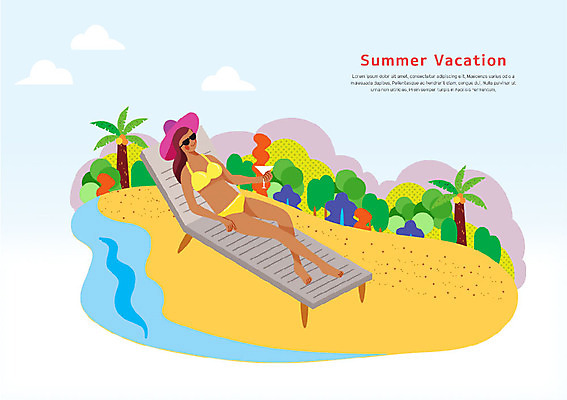 전신 PSD 나무 여자 바다 여행 일러스트 한명 사람 성인 해변 여름 여름휴가 바캉스 비키니 선글라스 야자수 칵테일 숲 선베드 챙모자 국내일러스트 식물 모자_잡화 1 계절 수영복 안경 의자 휴가 주류 파일형식 여름_계절