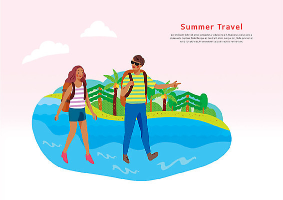 전신 PSD 나무 커플 여자 남자 바다 여행 일러스트 배낭 미소 사람 성인 두명 물 여름 여름휴가 바캉스 선글라스 야자수 걷기 하이킹 숲 국내일러스트 자연요소 식물 계절 안경 가방 관계 모션 레저 휴가 표정 파일형식 여름_계절