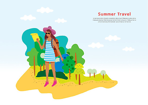 전신 PSD 나무 구름 여자 여행 지도 일러스트 배낭 한명 사람 성인 여름 여름휴가 바캉스 선글라스 숲 숲길 안식처 챙모자 국내일러스트 자연요소 식물 모자_잡화 1 계절 안경 길 가방 휴가 휴식 파일형식 여름_계절