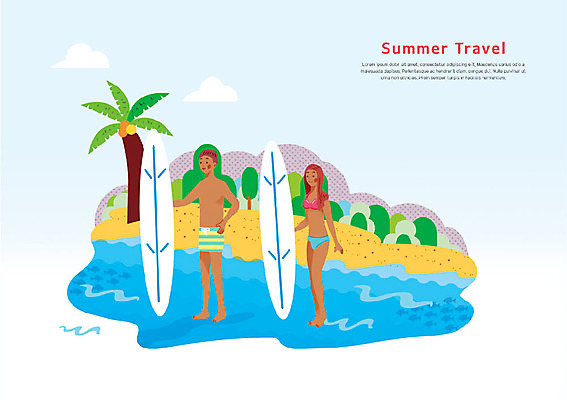 전신 PSD 구름 커플 여자 남자 물결 바다 여행 일러스트 서기 사람 성인 해변 두명 여름 여름휴가 바캉스 야자수 잡기 서핑보드 숲 국내일러스트 자연요소 나무 계절 관계 모션 휴가 보드_스포츠 파일형식 여름_계절