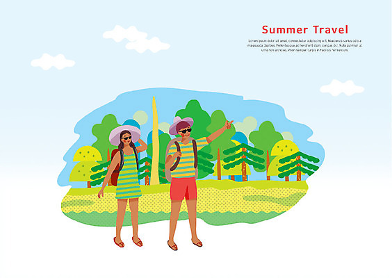 전신 PSD 나무 커플 여자 남자 여행 일러스트 배낭 자연 사람 초원 성인 두명 여름 여름휴가 바캉스 선글라스 가리킴 숲 챙모자 국내일러스트 식물 모자_잡화 계절 안경 가방 관계 휴가 손짓 생태계 파일형식 여름_계절