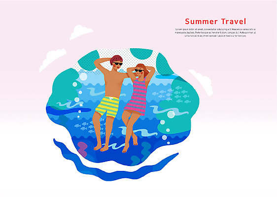 전신 PSD 커플 여자 남자 수영복 파도 바다 여행 여러마리 일러스트 어류 사람 두명 여름 여름휴가 바캉스 선글라스 눕기 바닷속 즐거움 팔베개 국내일러스트 옷 계절 감정 안경 다수 관계 모션 휴가 수중 수중동물 파일형식 여름_계절